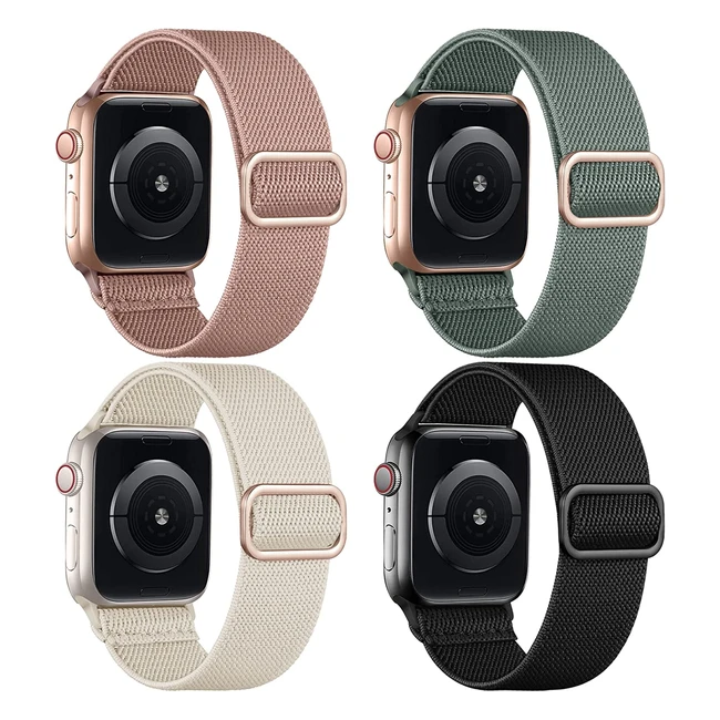 Oielai 4-Pack Solo Loop Straps for Apple Watch 41mm/38mm/40mm - Soft, Stretchy Nylon Strap for iWatch Series 8/7/6/5/4/3/2/1 - Light Pink, Pine Green, Black, Beige