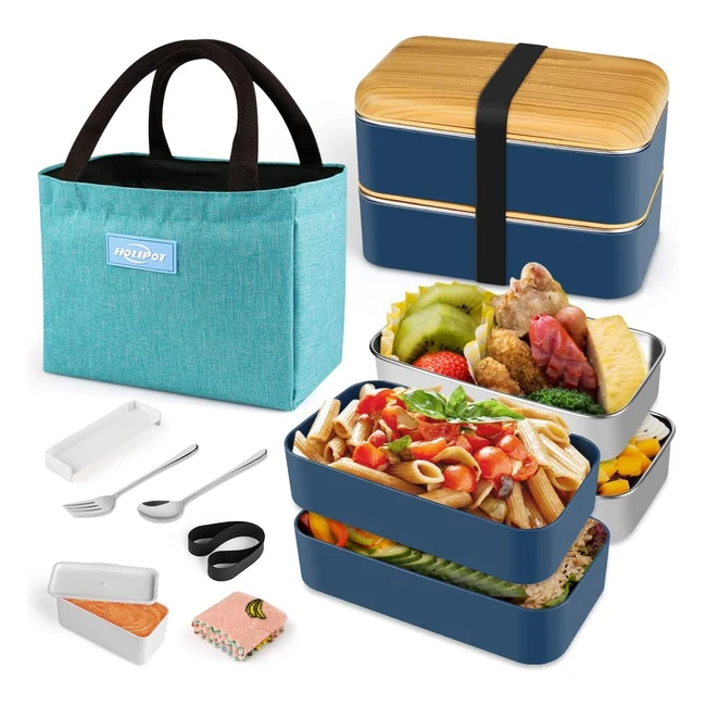 Holipot Japanese Style Bento Box - 2 Tiers with 4pcs Eco-Friendly PP & Stainless Steel Containers, Lunch Bag, BPA-Free
