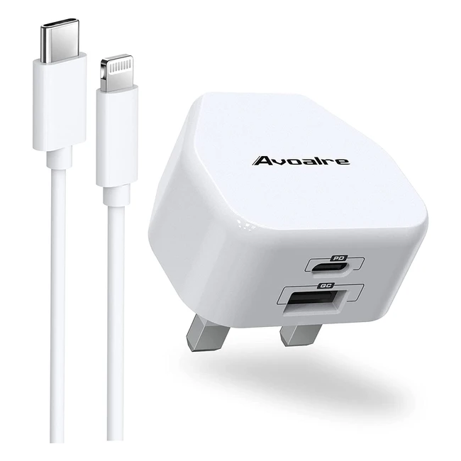 Avoalre iPhone Fast Charger Plug & Cable - 20W USB C Charger with 2 Ports & 2m USB C to Lightning Cable - PD30 for iPhone 14 13 12 11 Pro Max Mini XR XS X SE 2020 8 Plus iPad Pro AirPods