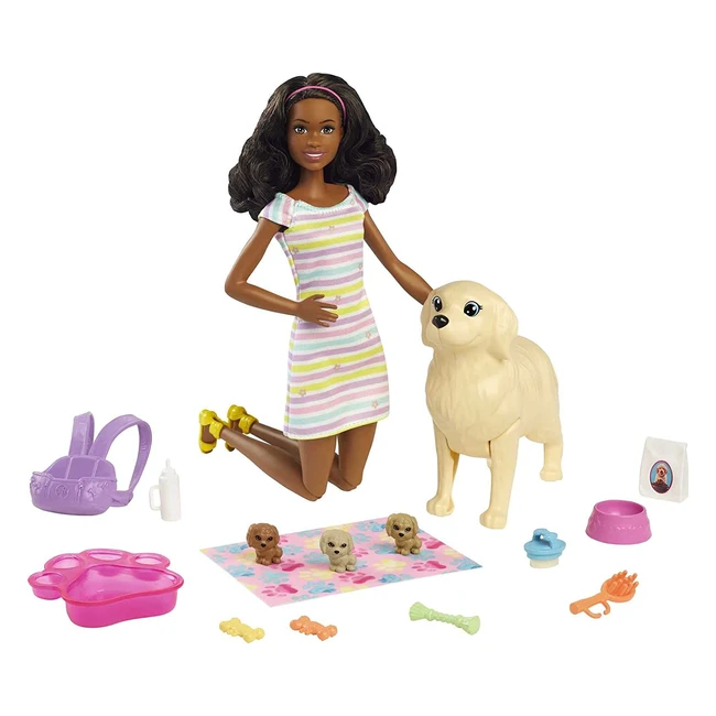 Barbie Playset Cuccioli Appena Nati con Bambola Castana da 30 cm, Cagnolina che Partorisce 3 Cuccioli e Accessori per Nutrirli - Giocattolo per Bambini 3 Anni