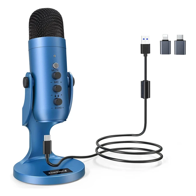 ZealSound K66 Blue USB Microphone for Studio Recording, ASMR Streaming, and Podcasting - Compatible with PC, Phone, Laptop, PS4/5 - Mute & Gain Knob, Plug & Play