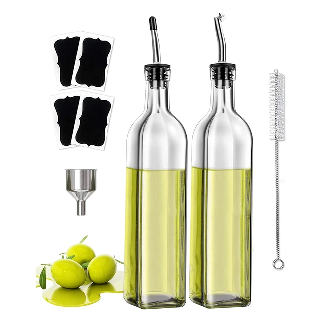 Oil Dispenser Bottle 500ml - Lead-Free Glass, 2 Grease Nipples, Funnel, Brush, 4 Name Stickers