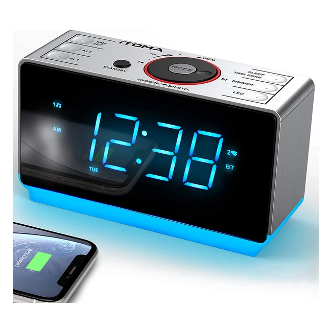 Itoma Bluetooth Alarm Clock Radio with FM Radio Dual Alarms USB Charging and 