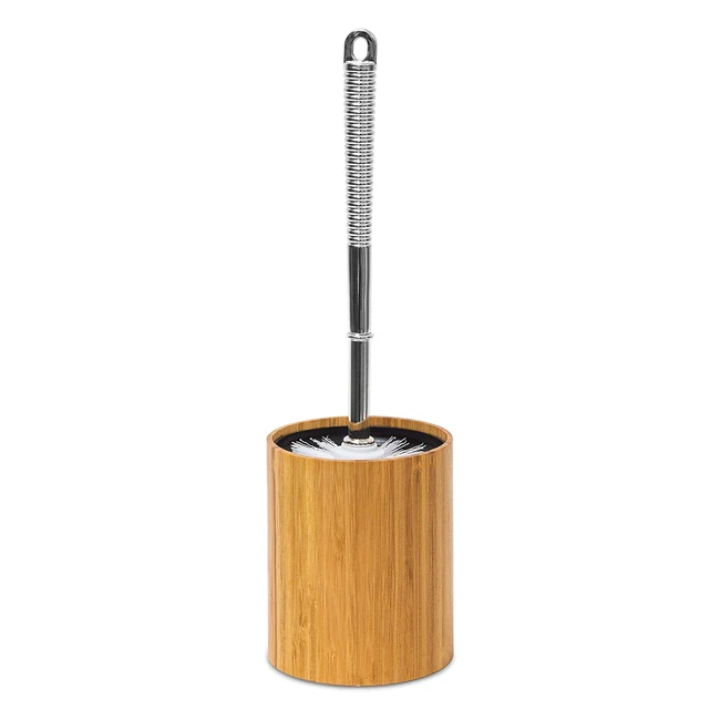 Relaxdays Bamboo Toilet Brush Holder - Hygienic Plastic Container - Replaceable Brush Head - Stainless Steel Finish - Natural