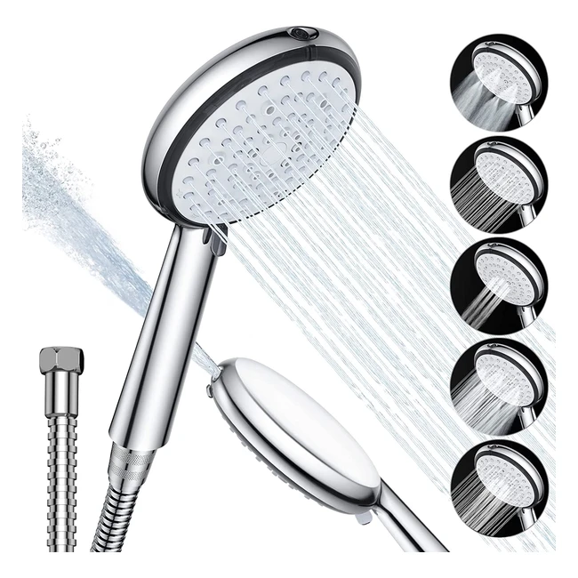 Ouben Shower Head and Hose - 6 Spray Modes, High Pressure, Water Saving, Chrome Finish, Filter, for Hard Water, Low Pressure - 15m