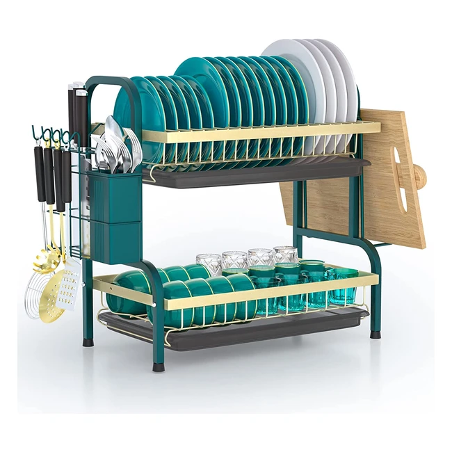 Baodan 2 Tier Dish Drying Rack with Large Capacity and Utensil Holder - Green/Gold