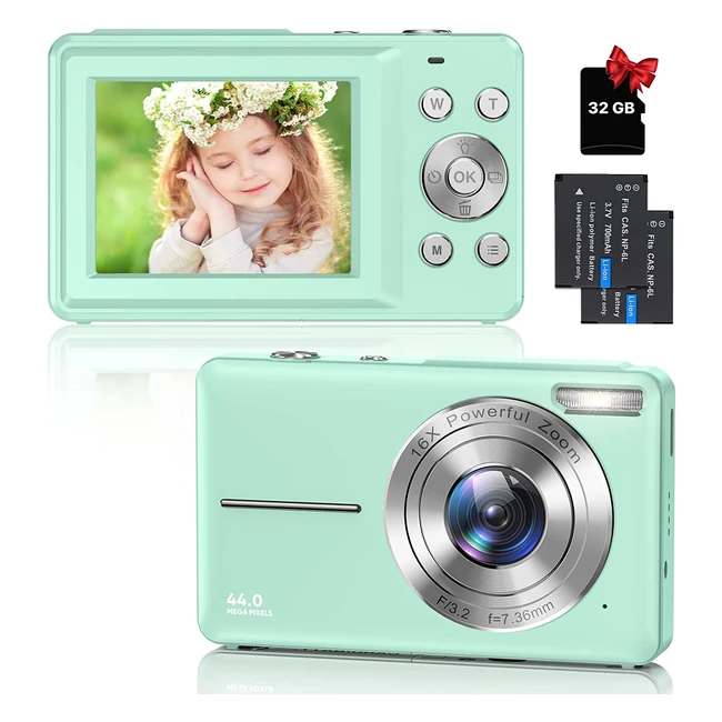44MP Digital Camera with 1080P HD Video, 16X Zoom, 32GB Card, LCD Screen, Rechargeable, Compact, for Kids, Adults, Students - Green