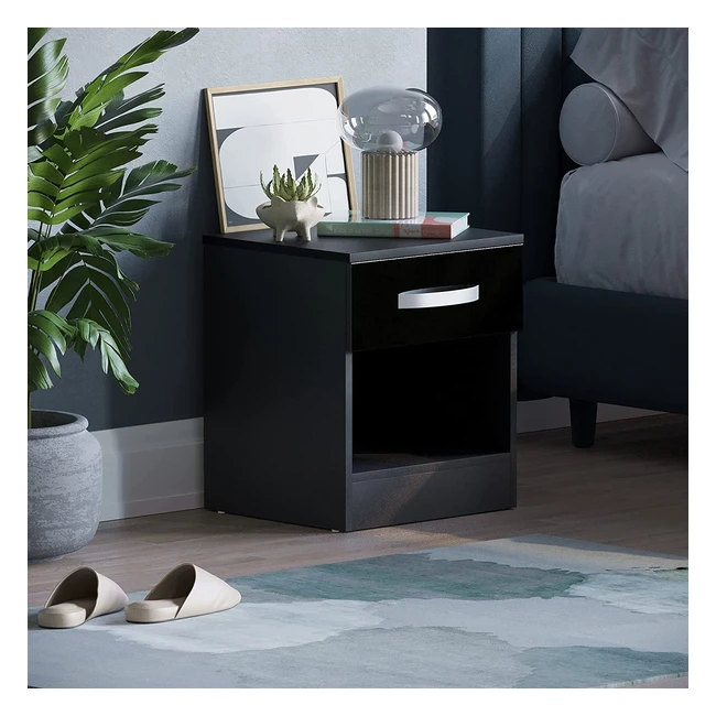 Movian High Gloss 1 Drawer Bedside Cabinet - Black (47x40x36cm) - Modern, Durable, Compact