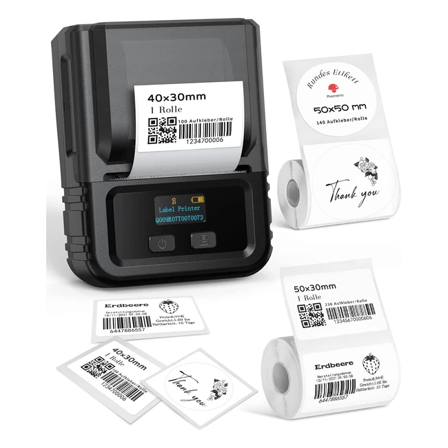 Impresora de etiquetas Phomemo M120 con Bluetooth para pequeñas empresas y hogares - 3 rollos de etiquetas incluidos