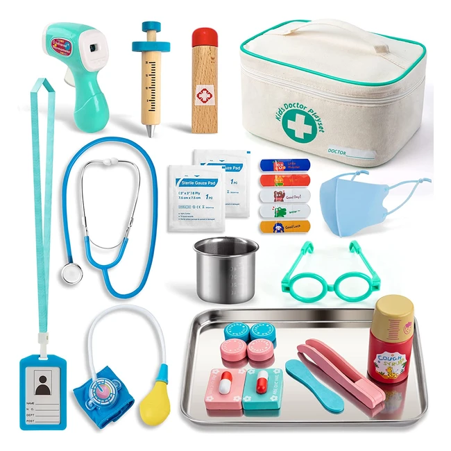 SundayMot Kids Doctor Kit Toy - Real Wooden Stethoscope, Thermometer, Syringe, and More for Role Play Medical Fun - Gift for Boys and Girls 3-5