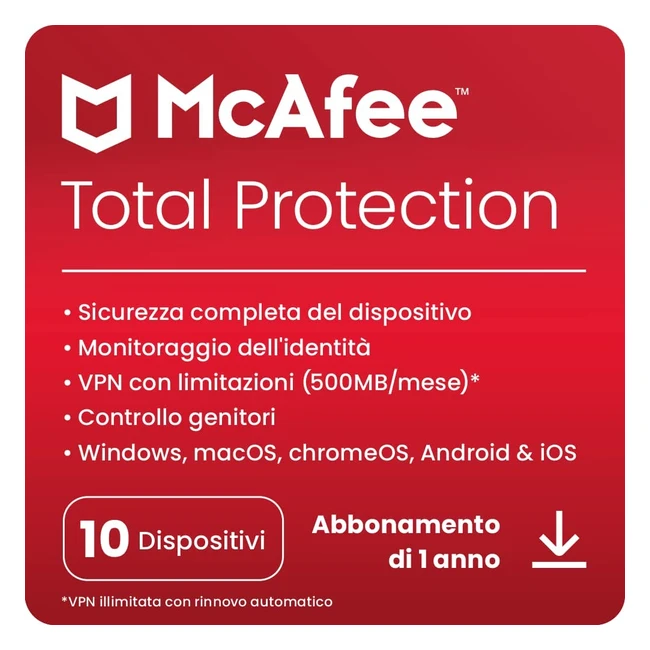 Mcafee Total Protection 2023 - Antivirus per la sicurezza in internet, VPN, abbonamento 1 anno - Fino a 10 dispositivi