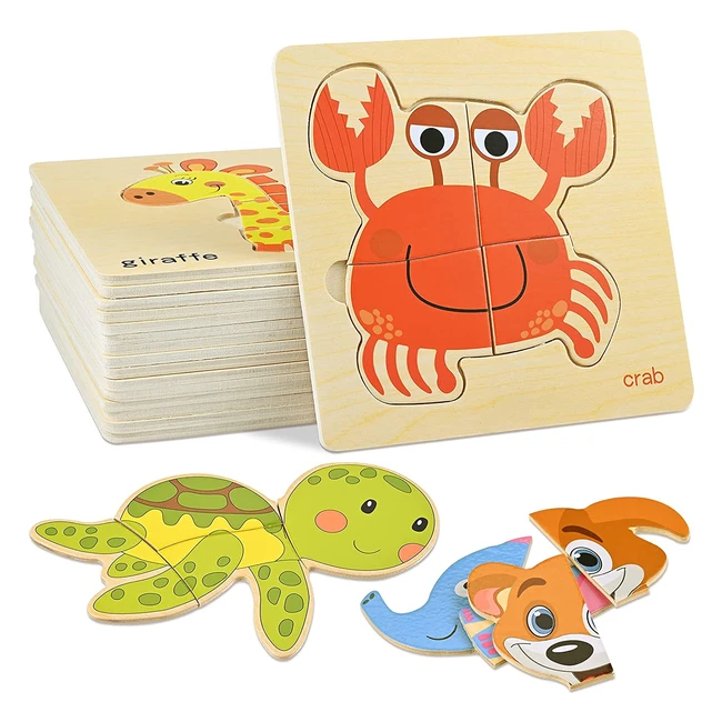 Juego de rompecabezas de madera para niños - 16 piezas con animales - Montessori