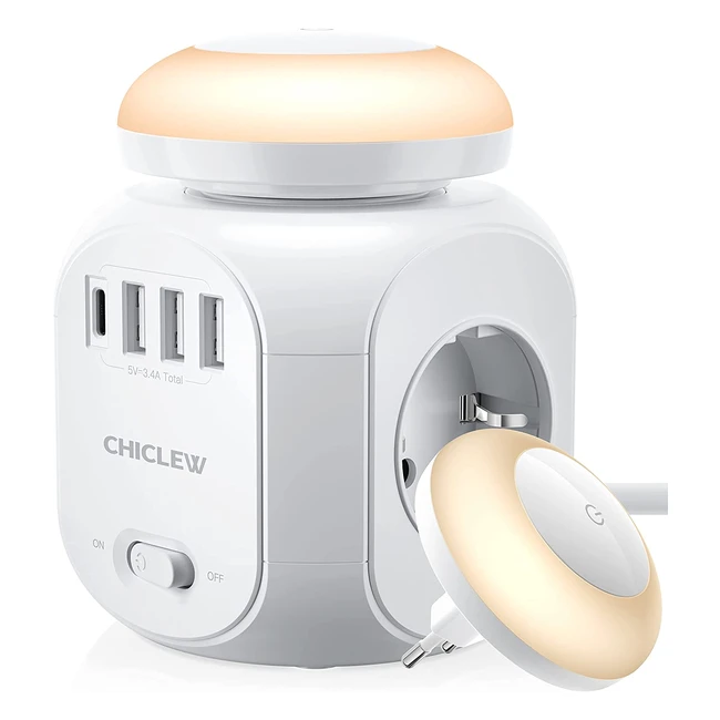 Cubo Regleta Enchufes con USB 8 en 1 Chiclew - Protección Sobretensión, 4 Tomas, 3 USB y 1 USBC, 18m Cable de Extensión con Luz Nocturna