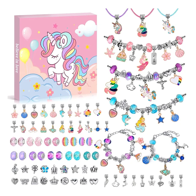 Kit de fabrication de bijoux pour filles de 5 à 13 ans - Bracelet charms DIY avec perles de cristal et pendentifs en alliage - Cadeau de Noël et d'anniversaire