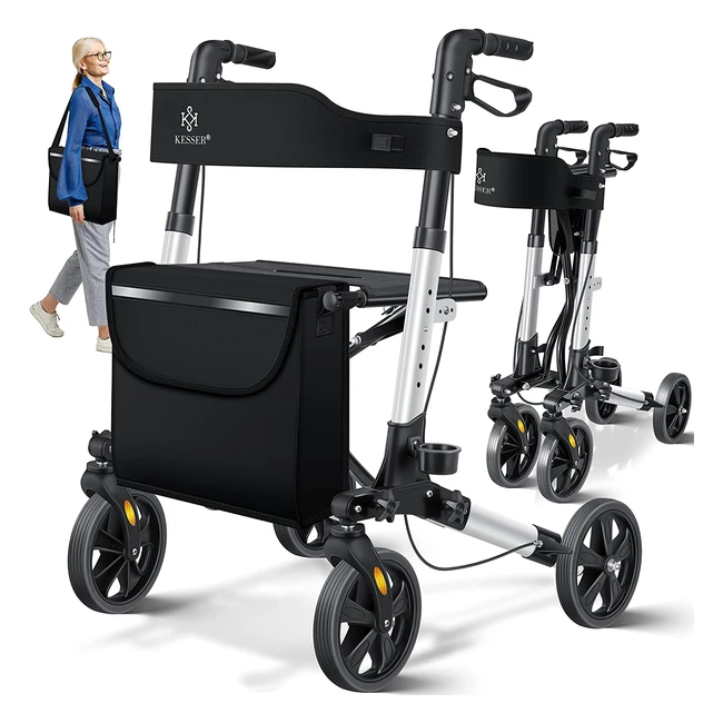 Kesser Aluminium Rollator - Leichter und faltbarer Gehwagen mit 3-facher Ausstattung für Reisen und Alltag