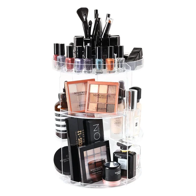 Sunficon Rotating Makeup Organizer - 360 Rotation, Crystal Clear Acrylic, Holds 30+ Brushes & 20+ Bottles, Easy Assembly