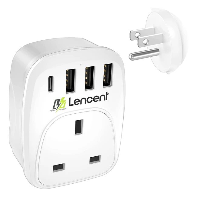 Lencent UK to US Travel Adapter with 3 USB Ports and Type C - Grounded America Plug for USA, Mexico, Canada, Thailand and More
