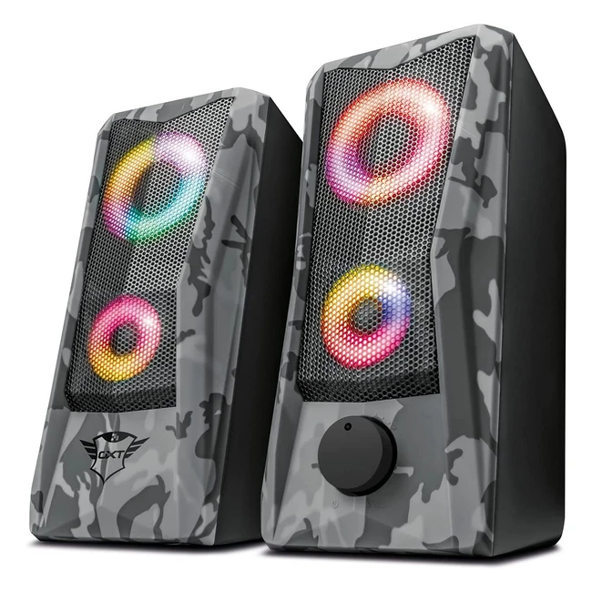 Altavoces Trust Gaming GXT 606 JAVV para PC Gaming - Iluminación RGB - 12W - USB/Jack 3.5mm - Camuflaje Gris