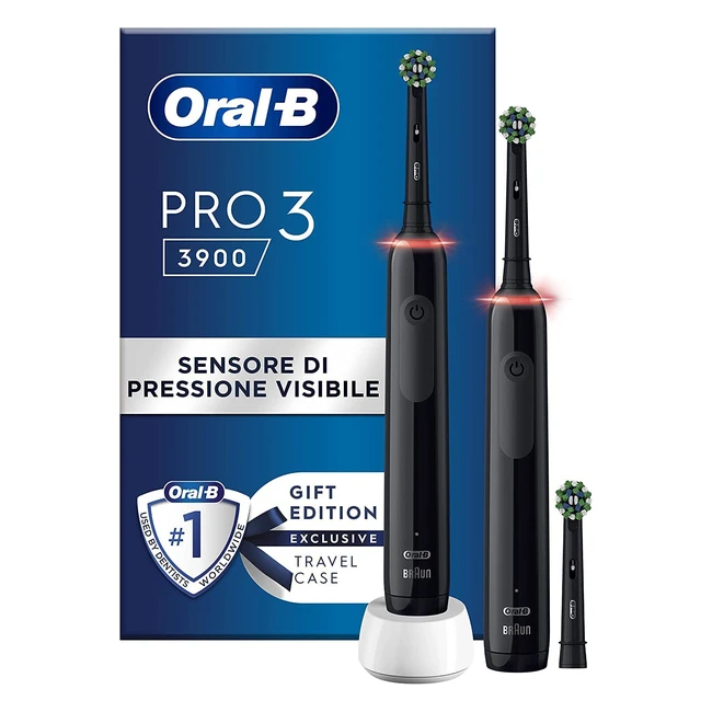 Spazzolino Elettrico OralB Pro 3 3900 con 3 Testine e 2 Spazzolini Neri - Pulizia Professionale e Controllo della Pressione