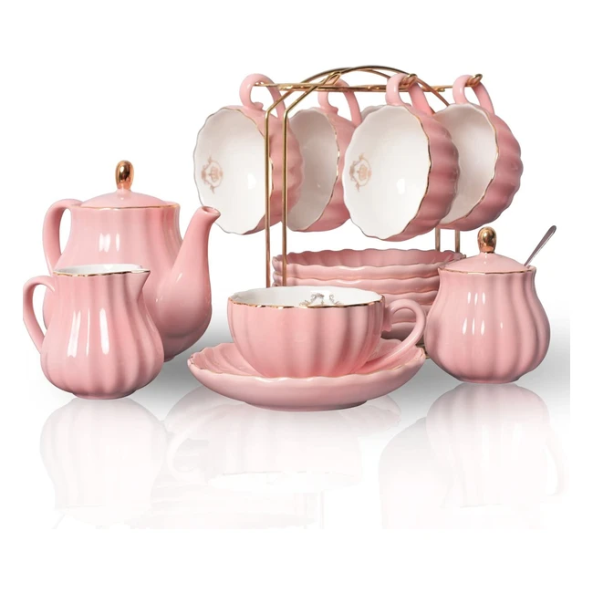 Sweejar Porcelain Tea Set - Royal Family Design - 6 Cups & Saucers, Teapot, Sugar Bowl, Milk Jug - Pink