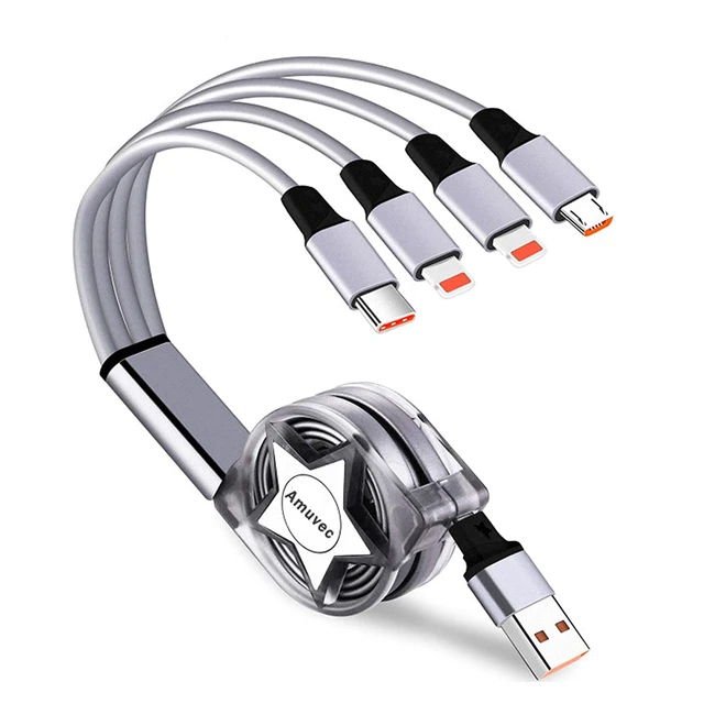 Amuvec Multi 4 in 1 Retractable Charger Cable - Fast Charging Cord for Samsung, Huawei, Xiaomi, Sony, Nokia, Oppo, PS4