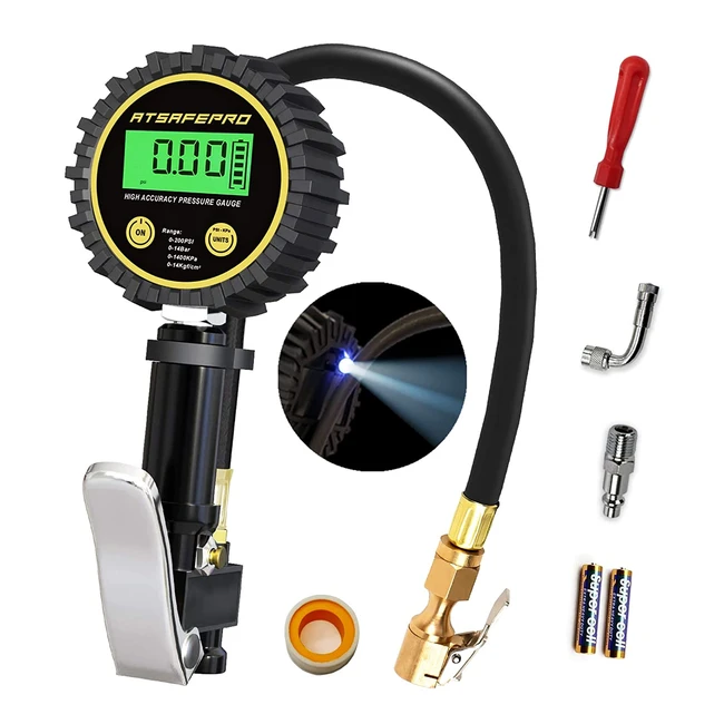 ATSafepro Digital Tyre Inflator Gauge - 200 PSI, LED Light, Heavy Duty, Air Chuck & Compressor Accessories