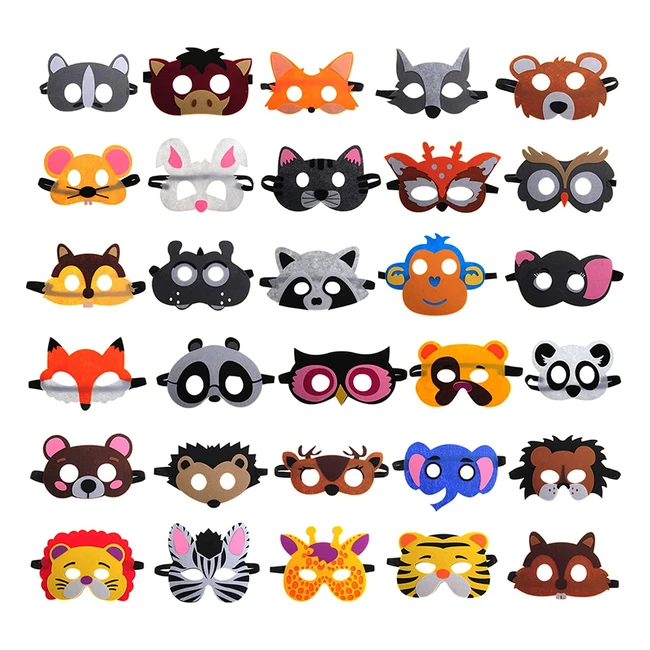 Rotersee 30-Piece Felt Animal Masks for Kids - Jungle Theme Party Favors