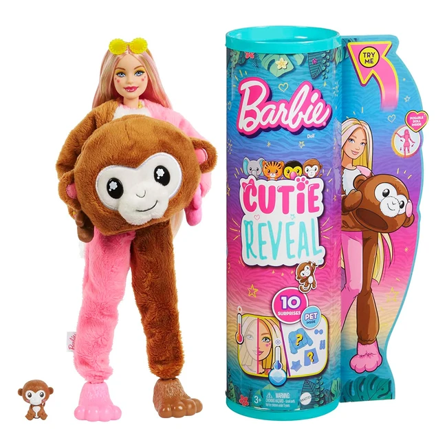 Poupée Barbie Cutie Reveal Jungle avec costume de singe en peluche, 10 surprises et changement de couleur - Jouet enfant dès 3 ans