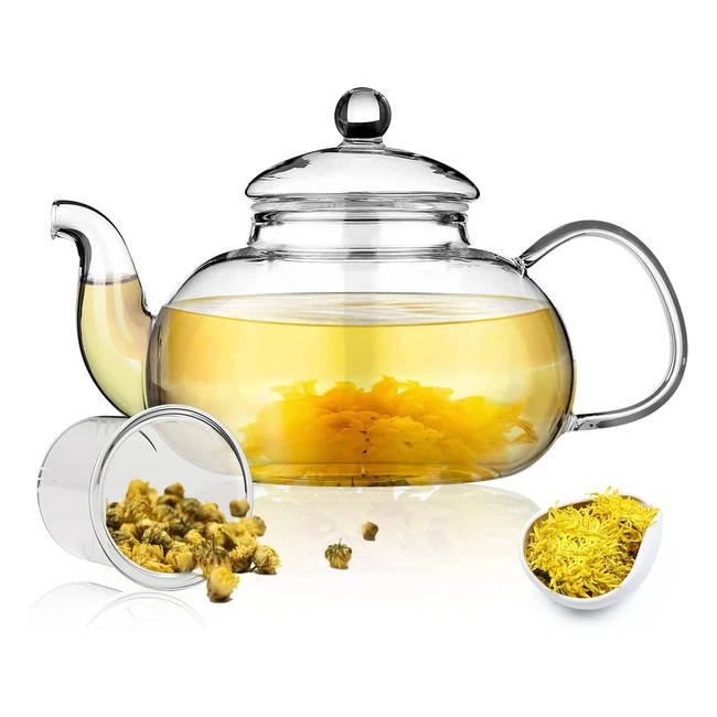 Tetera de Vidrio Kyraton 1000ml con Filtro Desmontable y Diseño de Floración - Segura para Microondas y Estufas