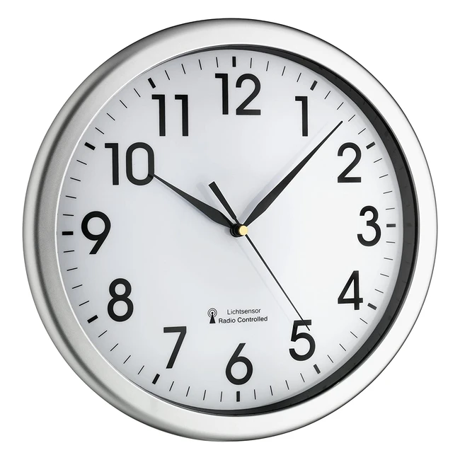 Horloge Murale Radiopilot Analogique TFA Dostmann 60351902 - Mouvement Silencieux, Rétroéclairage Vert, Plastique Argent Blanc