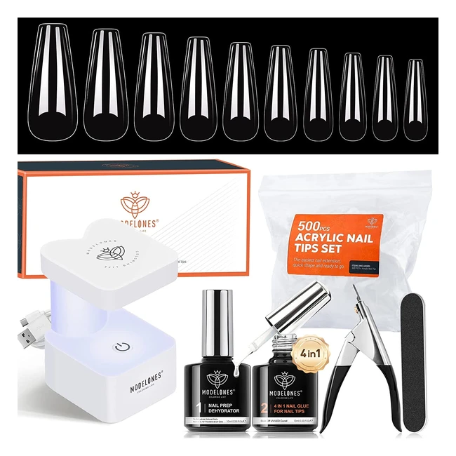 Kit Ongles Gel UV Complet Modelones - 500 Capsules Américaines, Colle Faux Ongles 4 en 1, Lampe LED UV, Lime à Ongles - Kit Manucure Construction