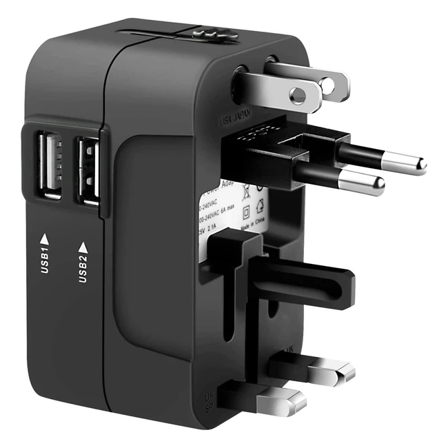 Adattatore universale da viaggio Mengtech - Caricatore 6A 2 porte USB compatibile con oltre 200 paesi - Nero