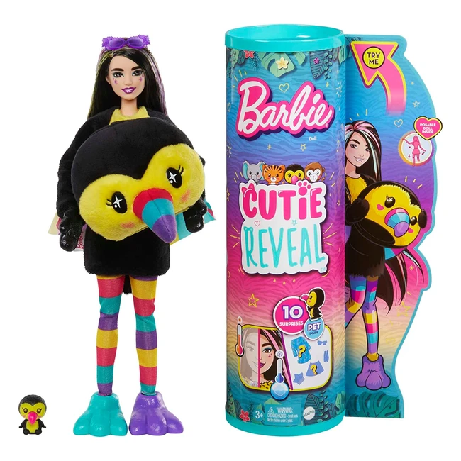 Poupée Barbie Cutie Reveal Jungle avec costume de toucan en peluche - 10 surprises et changement de couleur - Jouet enfant dès 3 ans