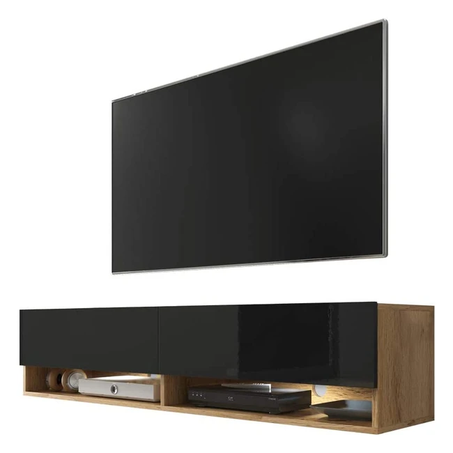 Meuble TV Selsey Wander Chêne Wotan Noir Brillant avec LED - Rangement Moderne pour Salon