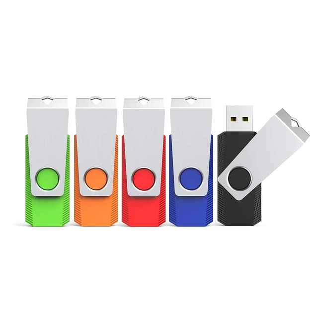 Kexin 64GB USB Flash Drive 5 Pack - Metal Swivel Memory Stick with LED Light for Data Storage - Black/Green/Blue/Red/Orange