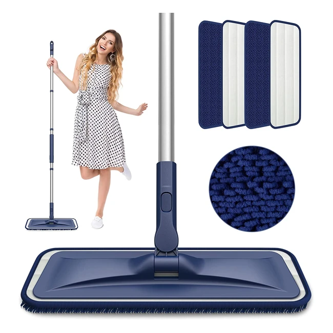BPawa Microfibre Floor Mop for Efficient Home Cleaning - Ultra Slim Flat Mop with 4 Reusable Chenille Pads