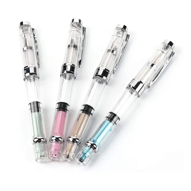 Pluma Estilográfica Transparente 05mm Fine Nib, Set de 4, Práctico Diseño del Pistón para Oficina y Escuela