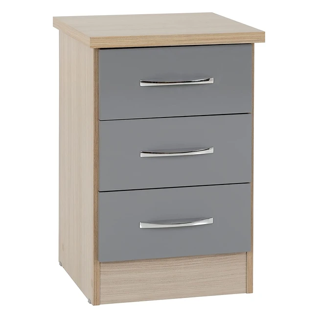 Seconique Nevada 3 Drawer Bedside in Grey Gloss and Oak Veneer | W 400mm x D 400mm x H 610mm