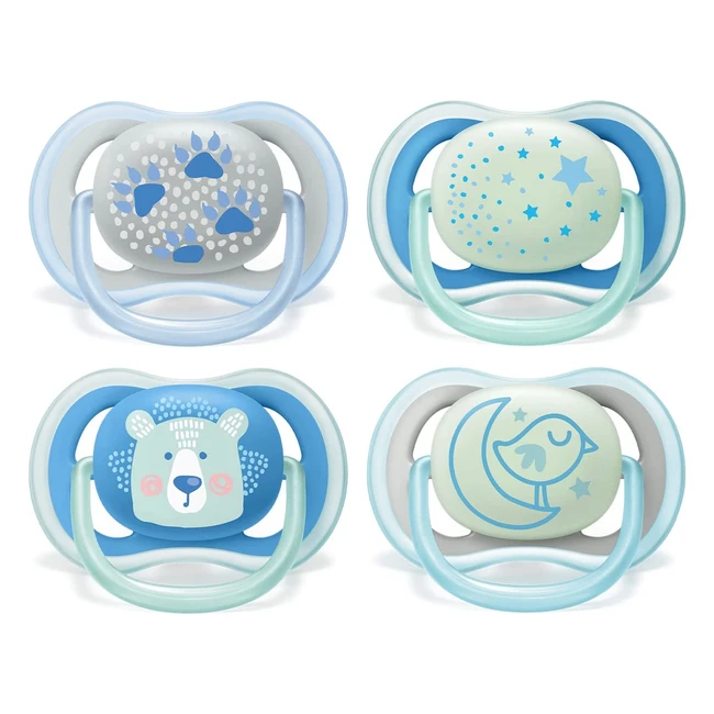 Chupete Ultra Air Philips Avent - Paquete de 4 chupetes de bebé ligeros y transpirables, brillan en la oscuridad - Modelo SCF37615