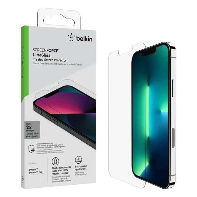 Protector de pantalla Belkin UltraGlass para iPhone 13/13 Pro - Cristal templado con agente antimicrobiano y aplicación sin burbujas