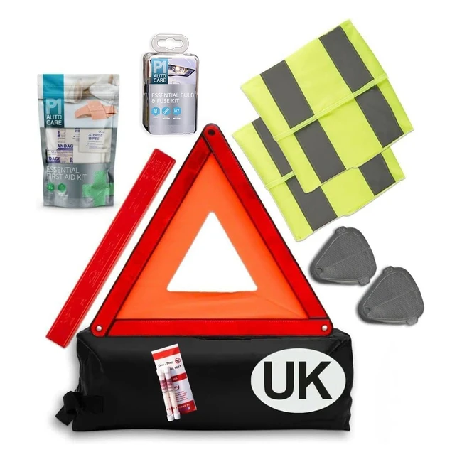 P1 Autocare ES0516 European Travel Kit - Stay Safe on Your Journeys with Warning Triangle, High Vis Vests, Bulb Kit, First Aid Kit, and More