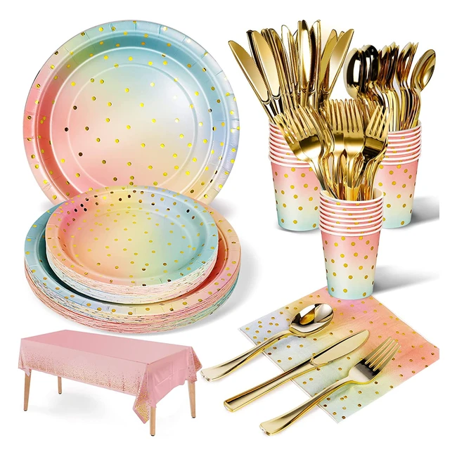 Kit Vaisselle Pastel Arc-en-Ciel 141pcs pour Fêtes et Anniversaires - Nkaiso