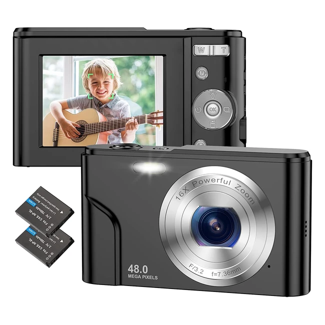 Cmara Digital Compacta 1080p 48MP con Zoom 16x - Fcil de Usar y Recargable -