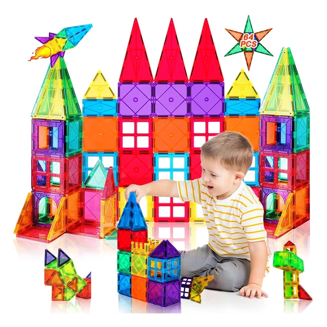 Vatenick Magnetic Building Blocks Tiles Toy - 64pcs Educational Construction Gift for Boys & Girls
