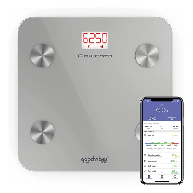 Báscula de baño inteligente Rowenta Goodvibes Life BR9600 - Medición de grasa corporal e IMC - Hasta 10 medidas corporales - Gran pantalla LED - Capacidad de hasta 160kg