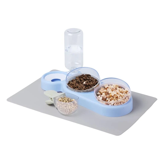Natruth Cat Bowls - Gravity Water and Double Food Bowls with Mat and Spoon - Set for Wet and Dry Food - Blue