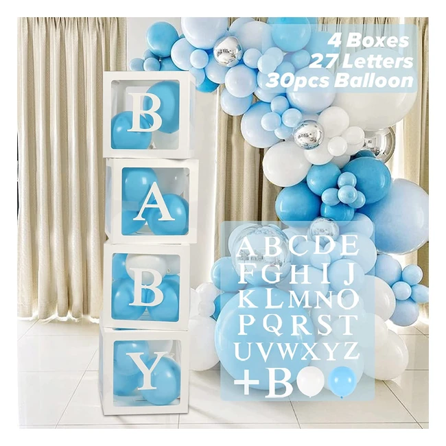 61pcs Baby Shower Decorations Boxes for Boys/Girls with 30 Party Balloons - Blue/White, Transparent Balloon Boxes with Letters - Perfect for Baby Shower and Birthday Decorations
