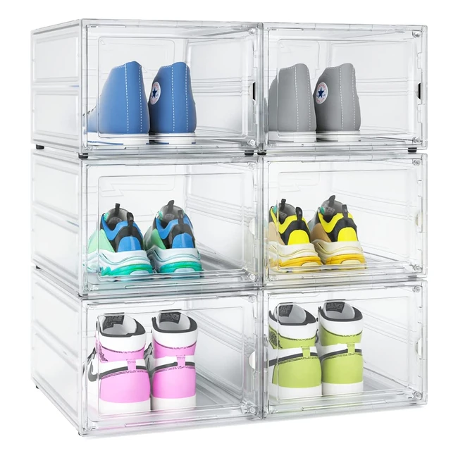 Funlax 6 Pcs Shoe Box - Clear Plastic Stackable Shoe Containers with Magnetic Door - Sturdy & Durable Shoe Organizer for Closet - Space Saving Shoe Holder & Sneaker Display Case