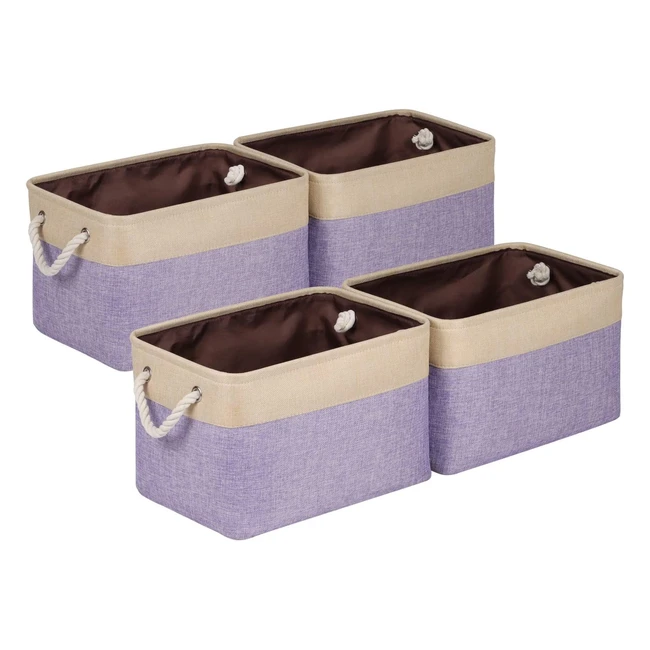 Univivi Foldable Storage Basket - 4 Pack Large Rectangle Baskets with Sturdy Cotton Handles for Clothes, Books, Toys - 15 inch Purple
