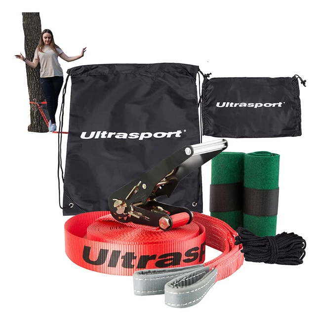 Ultrasport Slackline 15m/25m mit Ratsche & Transporttasche - Komplettes Slacklineset mit & ohne Baumschutz - Slacklineset für Fitness & Spaß - GS zertifiziert für Kinder & Erwachsene